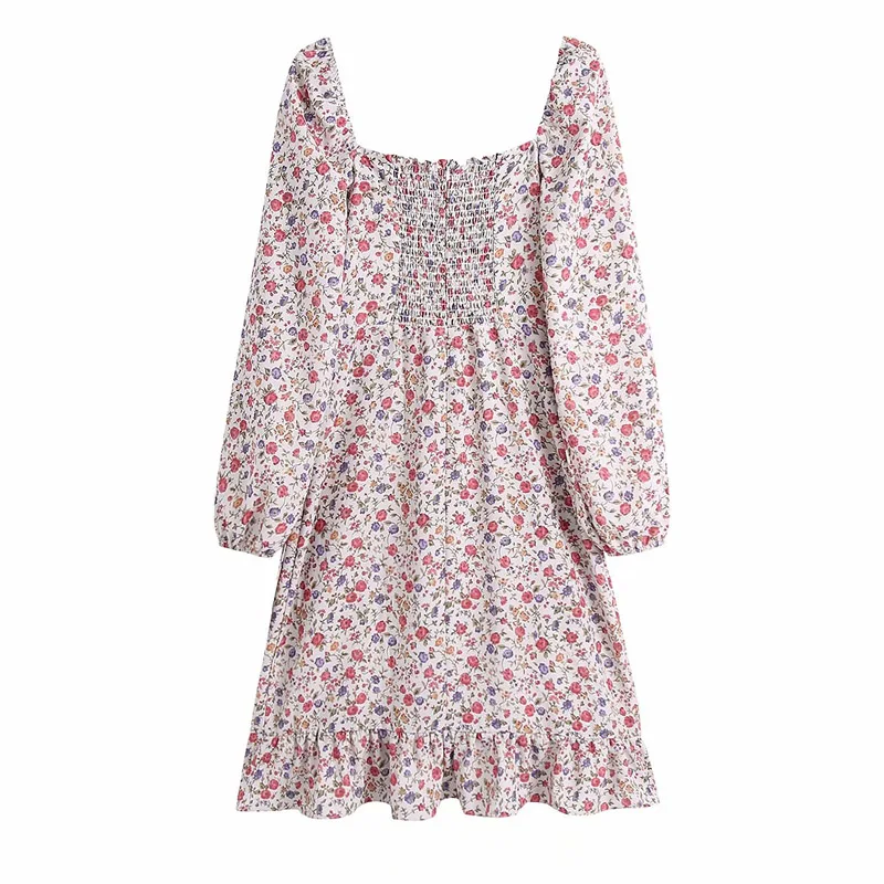 

Summer Women's Casual Flower Printed Square Neck Long Sleeve Ruffled Slim Dress