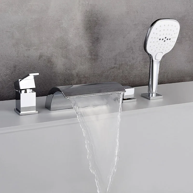 bath solid brass 4pcs gold brushed waterfall bathtub faucet set black 4 holes hot and cold water mixer tap bathroom products free global shipping