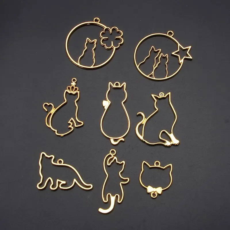 

8Pcs Cute Cat Pendant Metal Frame Jewelry Making UV Resin Charms Bezel Setting