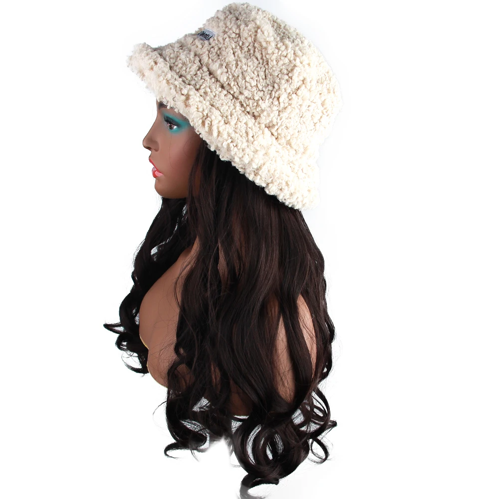 

Long Wave Fashion Wool Winter Hat With Hair Femal Synthetic Warm Wool Hat Wig Hair With Knitted Hat Wig Bonnet for Girl Outdoors