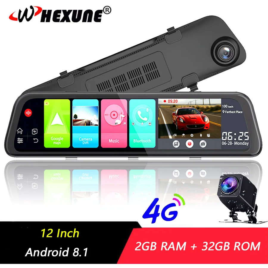 Видеорегистратор WHEXUNE автомобильный на зеркало заднего вида 12 дюймов IPS 4G Android 8 1