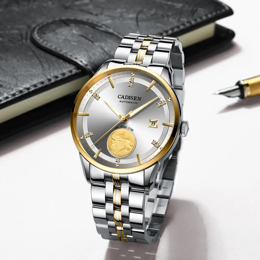 

2020 CADISEN Men's Watches Luxury Automatic Mechanical MIYOTA 8215 Wristwatch 24K Date Men's Sapphire Watch Swim Gold Coin Watch