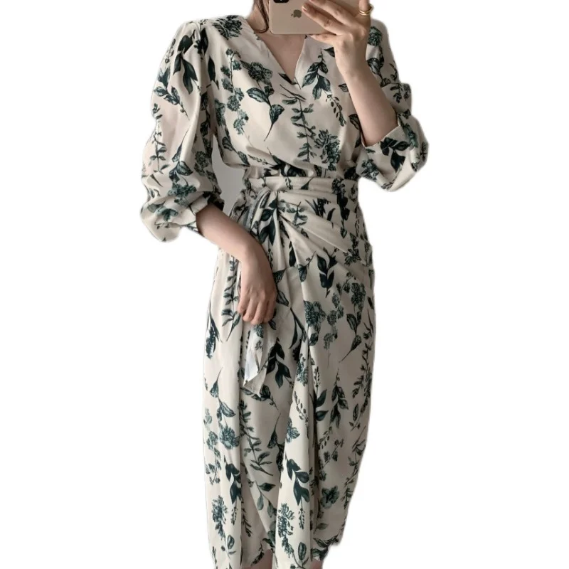 

Summer Elegant Women Floral Print Dress 2021 Cross Lace Up Chiffon Vestidos Short Sleeve V-neck Straight Dress Female