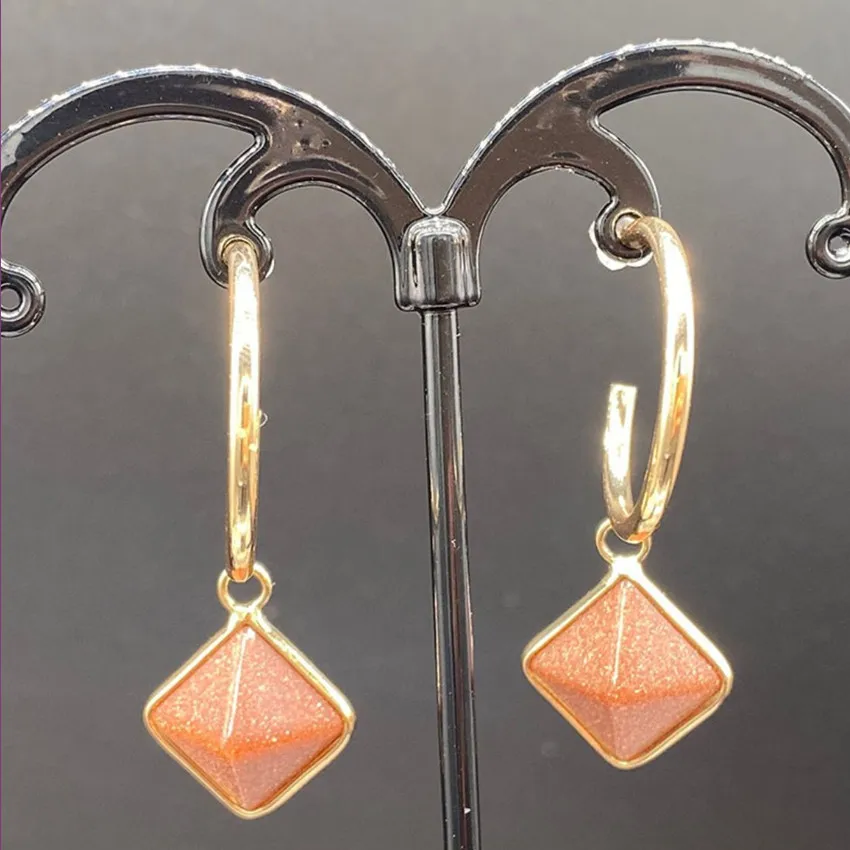 FYJS Unique Light Yellow Gold Color Square Pyramid Green Aventurine Dangle Earrings Golden Sand Stone Jewelry | Украшения и