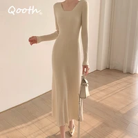 qooth autumn winter solid knitted dress slim long sleeve dress ol elegant ladies white midi length slim sweater dresses qt1235