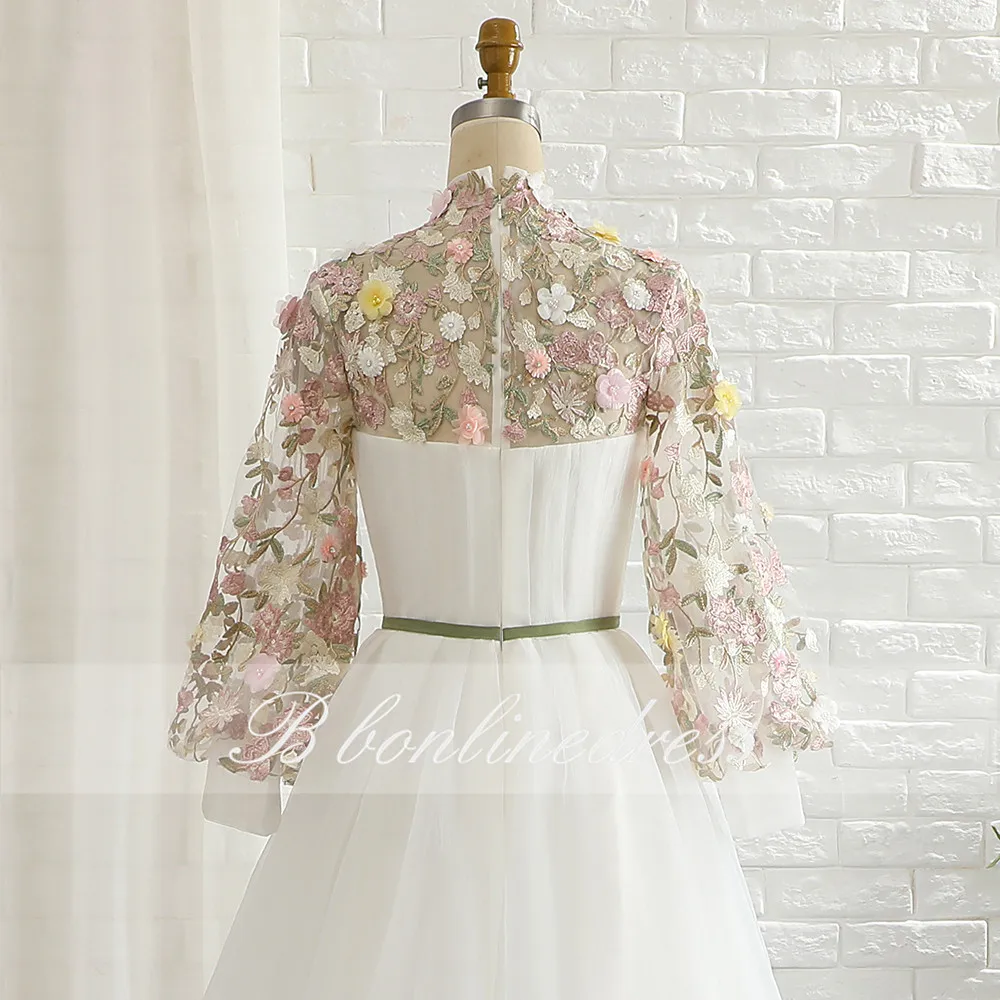 vestidos White Prom Dresses 2020 High Collar Long Evening Dress 3D Flower Split Formal Party Gowns robe de soiree Plus Size | Свадьбы и
