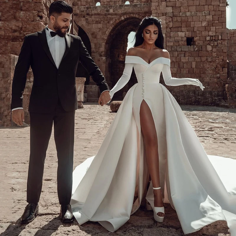 

Eightree Beach Wedding Dresses Off Shoulder High Split Bridal Dress Mermaid Satin Boho White Wedding Gown Plus Size Saudi Arabia