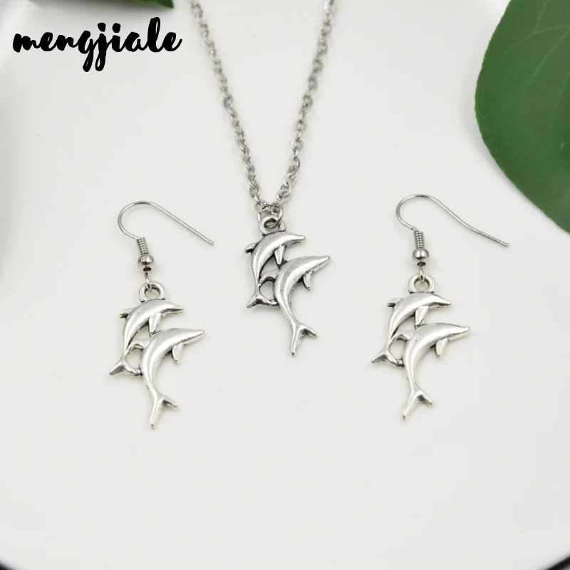 MENGJIALE Ретро подвеска с изображением дельфина ожерелье и серьги Модные ювелирные