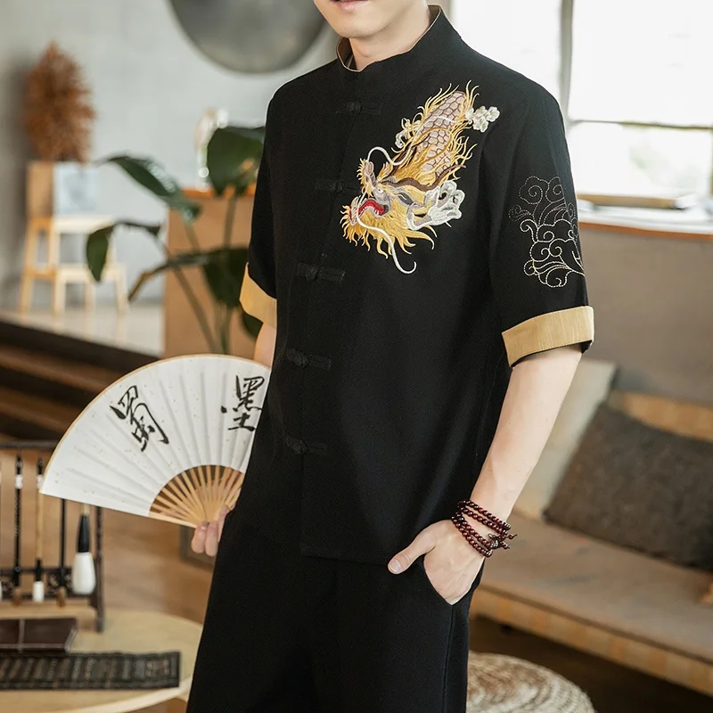

2021 Chinese Dragon Shirt Embroidery Shanghai Tang Suit Mandarin Collar Cheongsam Top Traditional Chinese Clothing for Men