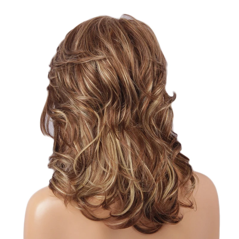 

Fashion Women Lady Blonde Browned Mixed Long Wavy Full Head Real Human Hair Wigs +Wig Cap
