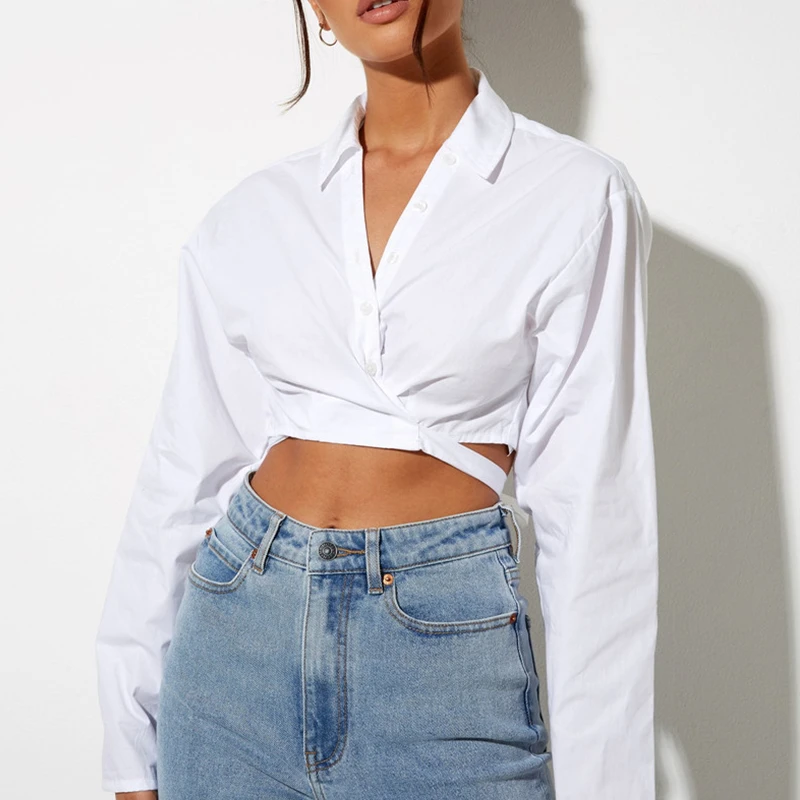 

Women Fashion Street Style Cardigan Lapel Crop Tops Solid Color Bandage Long Sleeve Buttons Exposed Navel Slim Shirt Blouse