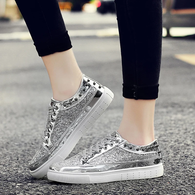 

Rivet Unisex Casual Shoes Board Martin Punk Patent Leather Sneakers Motorcycle Golden Silver Black Low Top Dance Spike Shoes