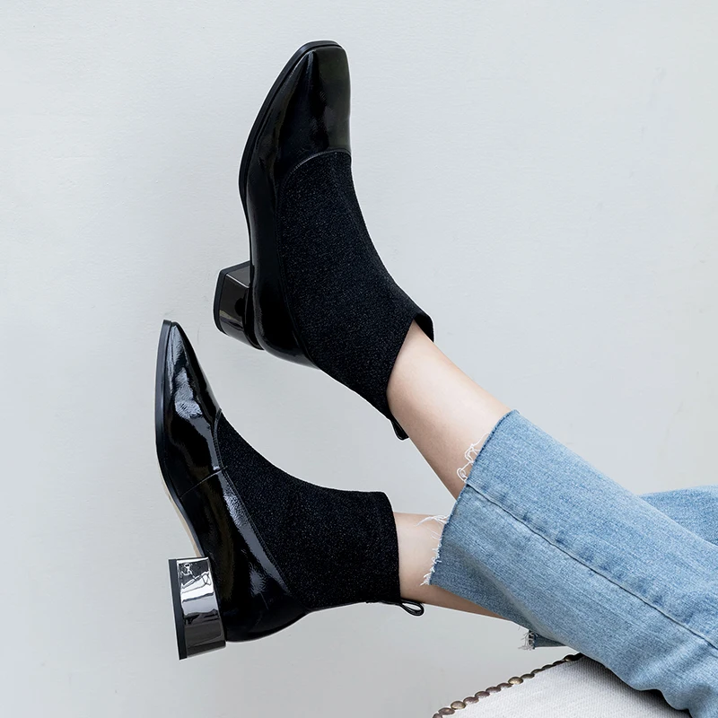 

WETKISS Stretch Boots Women Ankle Sock Boot Female Square Toe Bling Shoes Ladies Thick Heels Patent Pu Shoes Autumn 2020 New