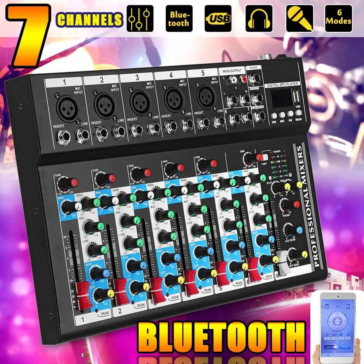 7 канальный Миксер для караоке цифровой с USB bluetooth Live Studio микшерная консоль