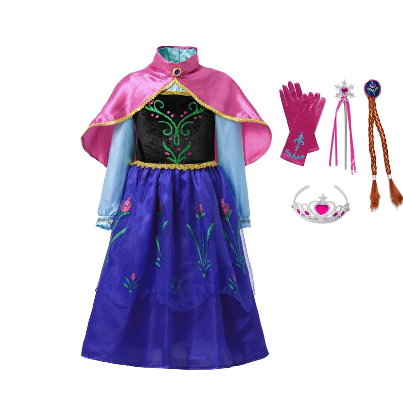 

VOGUEON Little Girl Anna Dress up Costume Children Flower Print Princess Party Cosplay Fancy Dress with Cloak for Halloween Gift