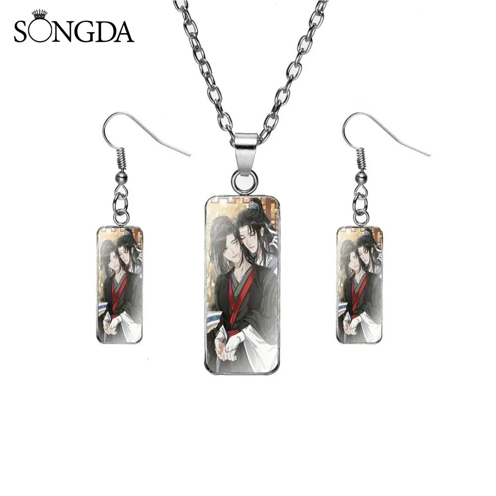 

Hot Anime Mo Dao Zu Shi Rectangle Jewelry Sets Cute Cartoon Figure Wei Wuxian Lan Zhan Cosplay Earrings Necklace For Fans Gifts