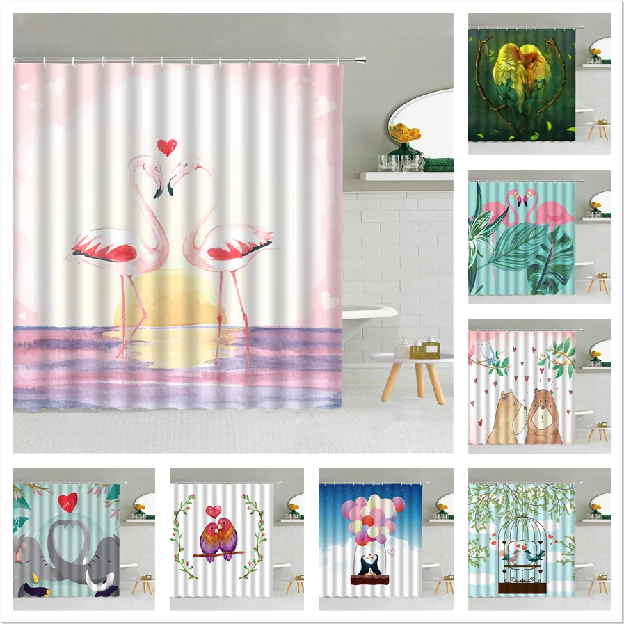 

Animal Heart Shaped Shower Curtain Bird Flamingo Elephant Balloon Flowers Valentines Day Love Romance Bathroom Decor Curtains