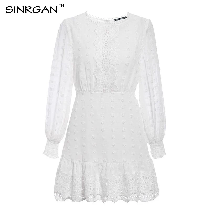 SINRGAN белые кружевные платья с круглым вырезом и коротким пышным рукавом
