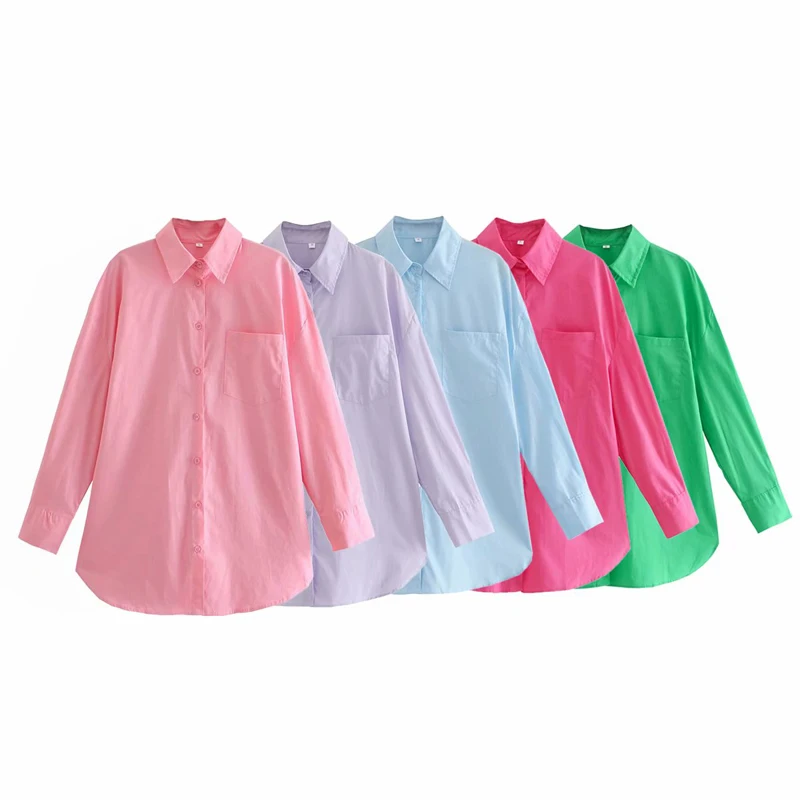 

Spring and autumn women's casual solid color lapel long-sleeved pocket decorated loose shirt