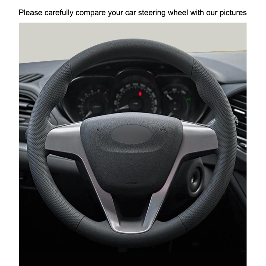 Hand-stitched Black Artificial Leather Car Steering Wheel Cover for