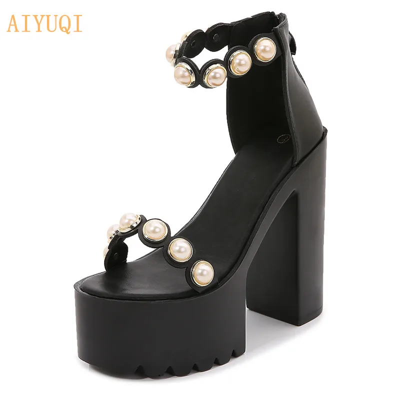 

2021 Summer New Ladies Sandals Thick Heel 14CM With High Pearl Sandals High Heel Muffin Thick Bottom Open Toe Sandals Women