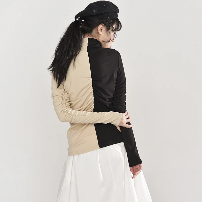 

[EAM] Women Apricot Black Wrinkled Temperament T-shirt New Turtleneck Long Sleeve Fashion Tide Spring Autumn 2021 1DA91401