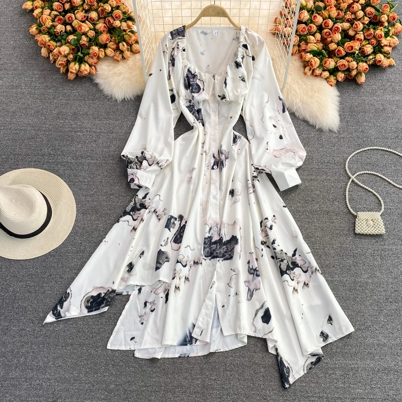 

Женское летнее однобортное платье с цветочным принтом, квадратным вырезом и пышными рукавами