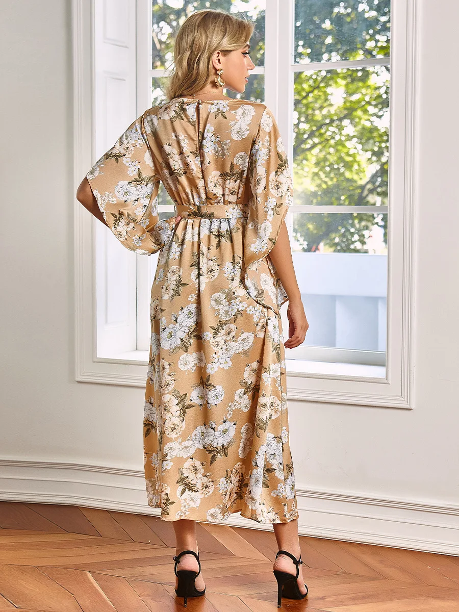 

Summer Beach Women Swing Floral Print Dress V Neck Flare Sleeve Loose Female Adjust Waist High Split Midi Holiday Dresses 2021