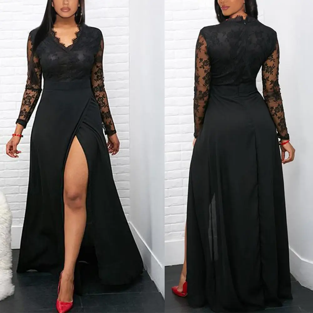 

Hot Sales Autumn Women Lace Mesh Long Sleeve V Neck Large Hem High Waist Split Maxi Dress