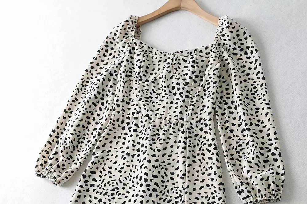 

2021 New French Square Collar Slim Long Pleated Split Leopard Print Summer Dresses Women
