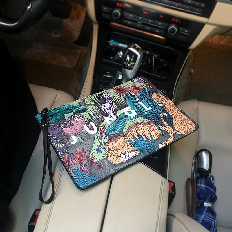 NEW leather handbag men designer small envelope clutch bag vintage cartooon printed luxury leather bag