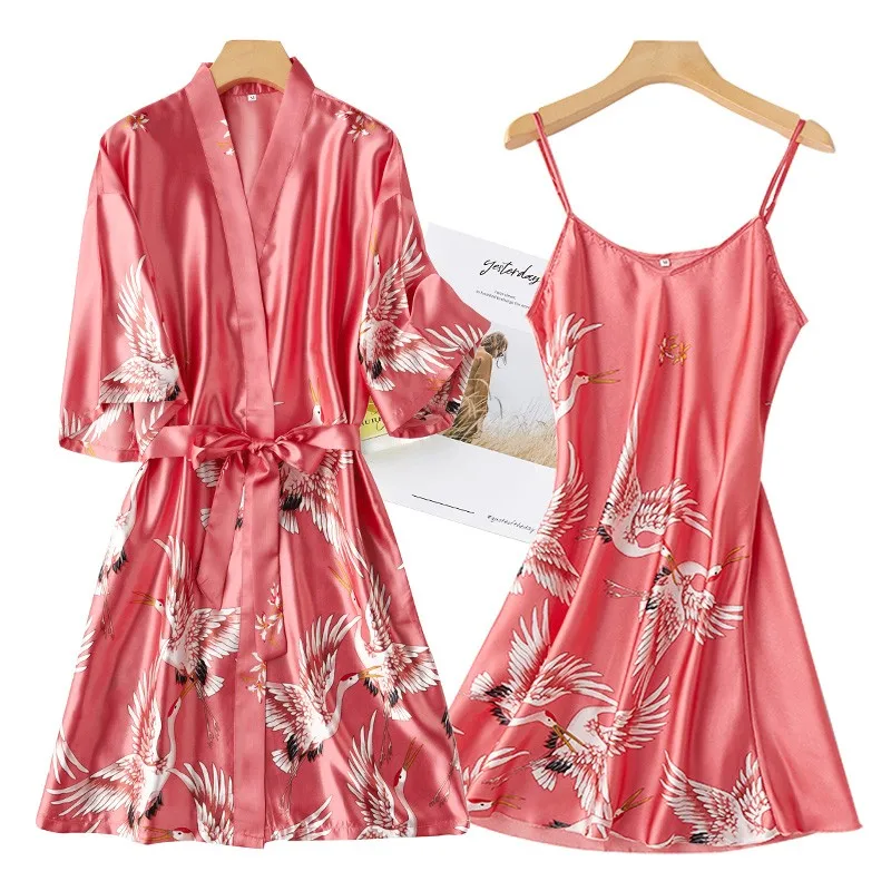 

Women Robe Set 2PCS Bride Bridesmaid Wedding Gown Lace Sexy Kimono Bathrobe Night Dress Casual Nightgown Sleepwear Satin
