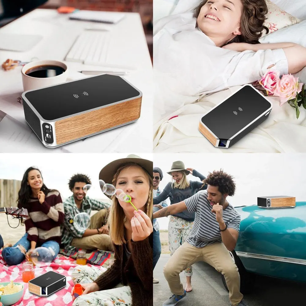 

Wireless Bluetooth V5.0 Speaker with Alarm Clock FM Radio Stereo Sound Mic TF Port Qi Wireless Charger for iPhone, Galaxy series