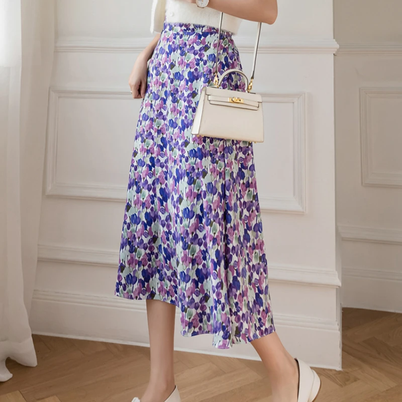

Fashion High Waist A-line Mid-length Skirts Floral Print Casual Female Long Skirts Holiday Summer Chiffon Elastic Waist Women
