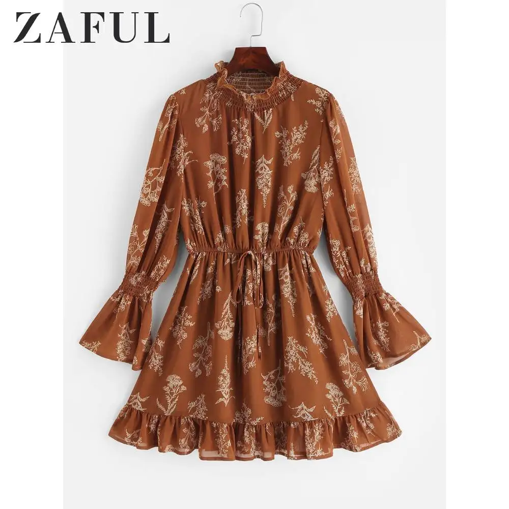 ZAFUL женское платье с рукавом колокольчиком и цветочным принтом ТРАПЕЦИЕВИДНОЕ