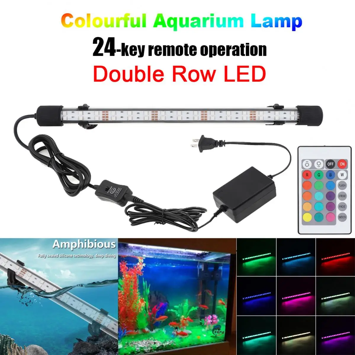 

RGB LED Aquarium Lamp IP68 Waterproof Fish Tank Lights T8 Double Row Super Bright Remote Control Underwater Submersible Light