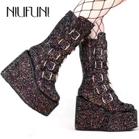 platform wedges womens high boots sequined strap buckle personality womens autumn boots mid tube fashion round toe zip shoes