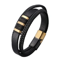 new multilayers leather bracelet men gold black unique stainless steel magnetic buckle handmade bangles vintage jewelry sp1027