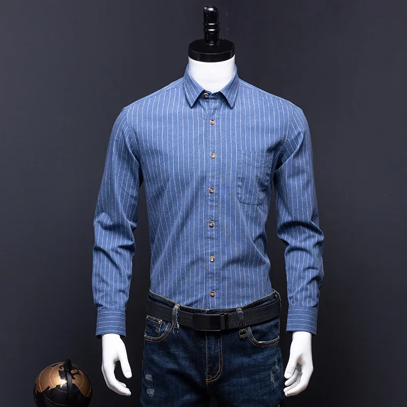 New 7XL Men's100% Cotton Shirts For Men Long Sleeve Casual Slim Fit Striped/Plaid Blouse Man Dress Shirt Male Thick Work Shirts