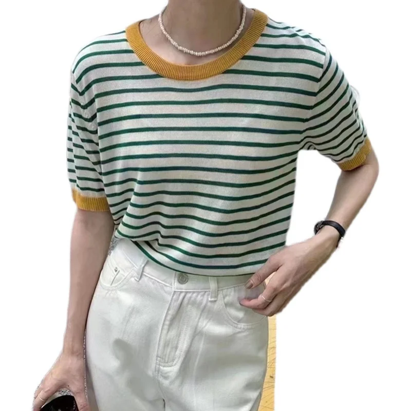 

Not Make Web Celebrity Figure Round Collar Stripe Short Sleeve Turtleneck Sweater Aesthetic Sweater Sweater Women Autumn 2021