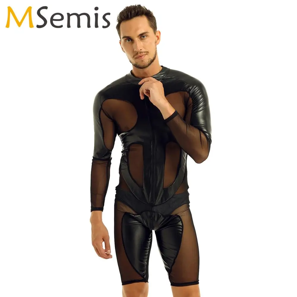 

Black Mens Skinny One-piece Lingerie Long Sleeves Sheer Mesh Splice Leather Zipper Jumpsuit Hot Sexy Boxer Shorts Teddy Bodysuit