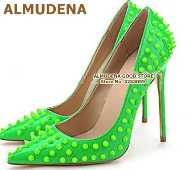 green 12cm ALMUDENA/туфли-лодочки с заклепками на каблуке 12 см, 10 см, 8 см модельные туфли с острым носком на шпильке дизайнерская Свадебная обувь с закрытым носком размеры 45 - Цвет: green 12cm