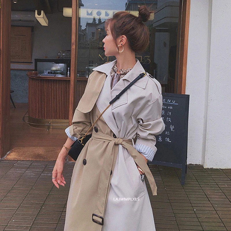 Женский плащ с поясом длинный двубортный свободного покроя весна-осень F33 2021 |