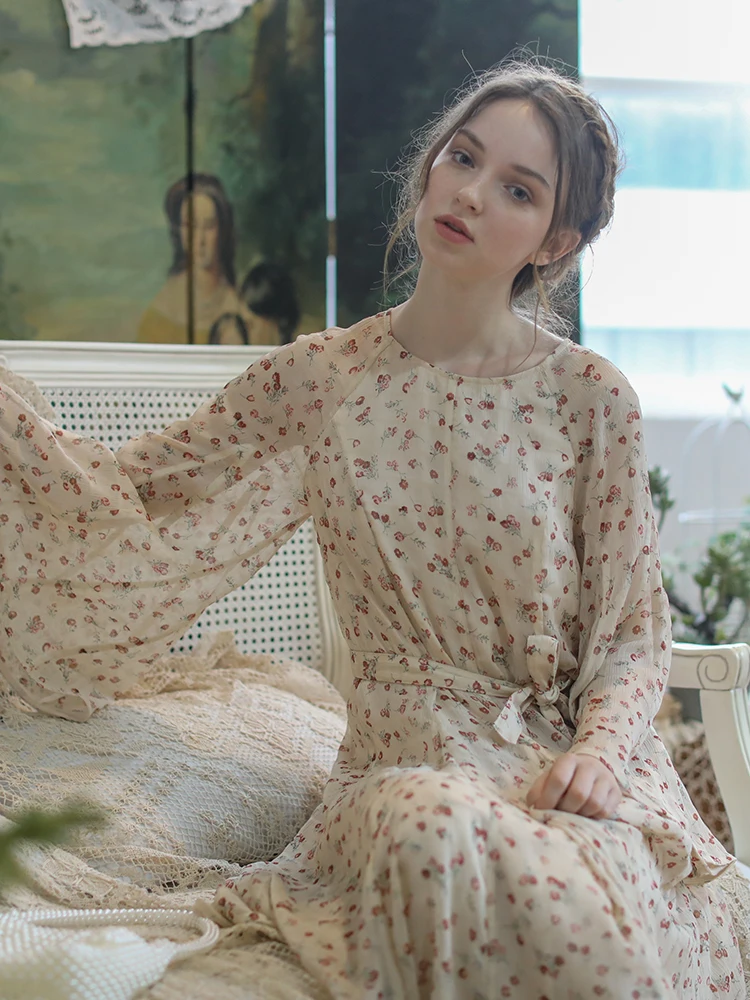 LYNETTE'S CHINOISERIE Spring Autum New Arrivals Original Design Women Vintage Mori Girls Floral Print Loose Chiffon Dresses