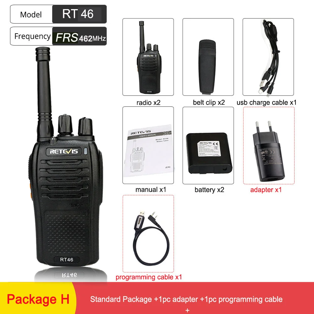 Package H Пара RETEVIS RT46 Walkie Talkie PMR радио PMR446/FRS Портативное двухстороннее радио VOX Micro-usb зарядка Li-Ion(или AA) батарея - Цвет: Package H