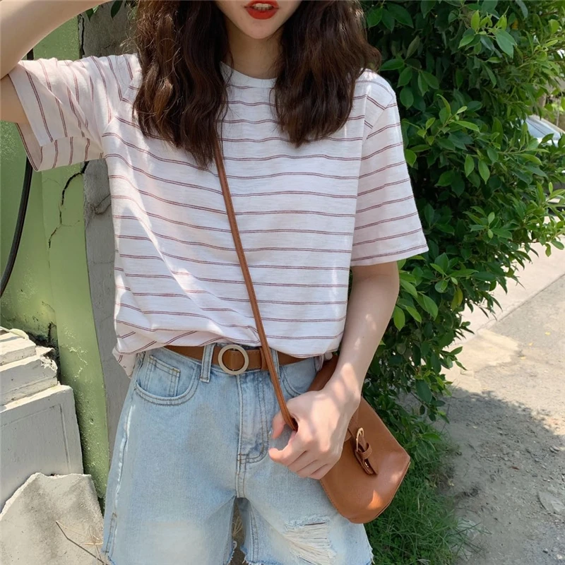 

Preppy Style Women's Clothing Short Sleeve T-shirts Female Summer Korean O-neck Striped Tees Causal Loose Ladies Tops Hipster