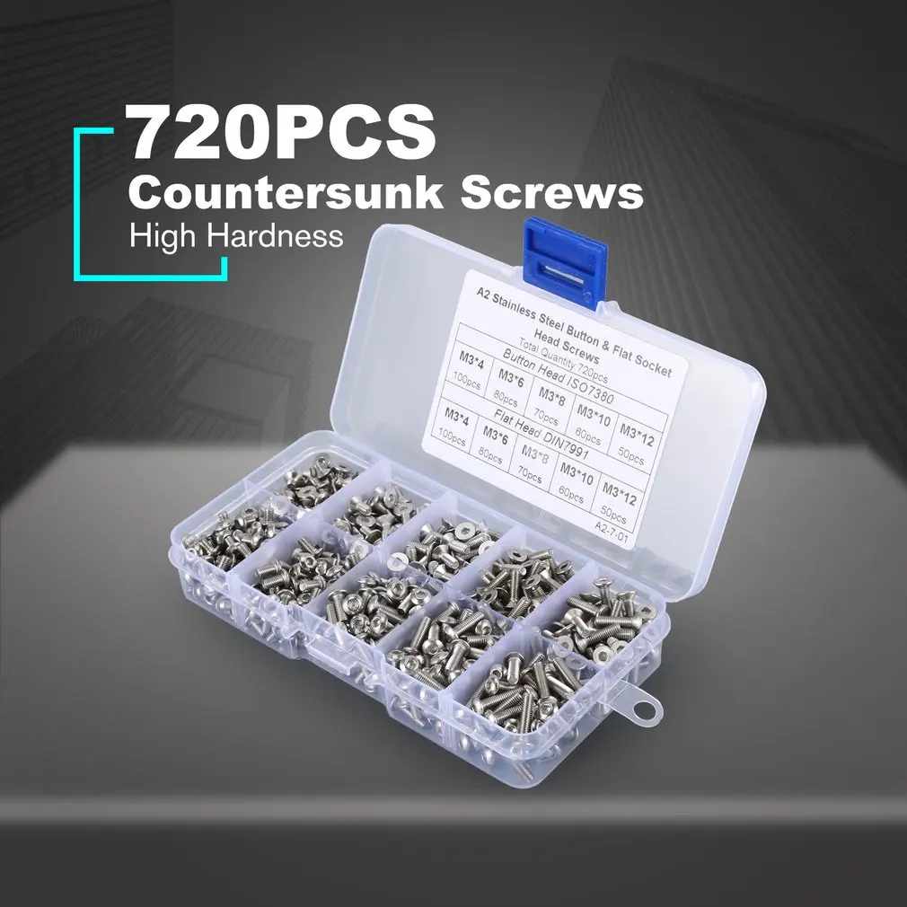 720 шт. набор винтов с шестигранной головкой из нержавеющей стали M3 * 4/6/8/10/12 мм |
