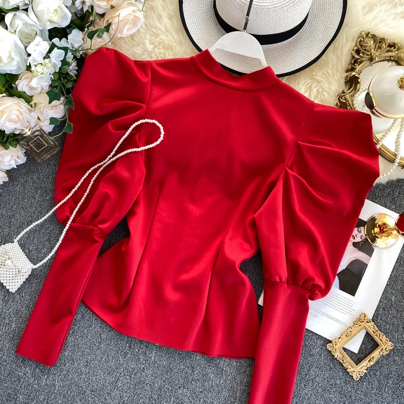 

Women's Retro Top Puff Sleeve Temperament Stand Collar Zipper Before After Wearing Fashionable Wild Spring Autumn Blouse 2021