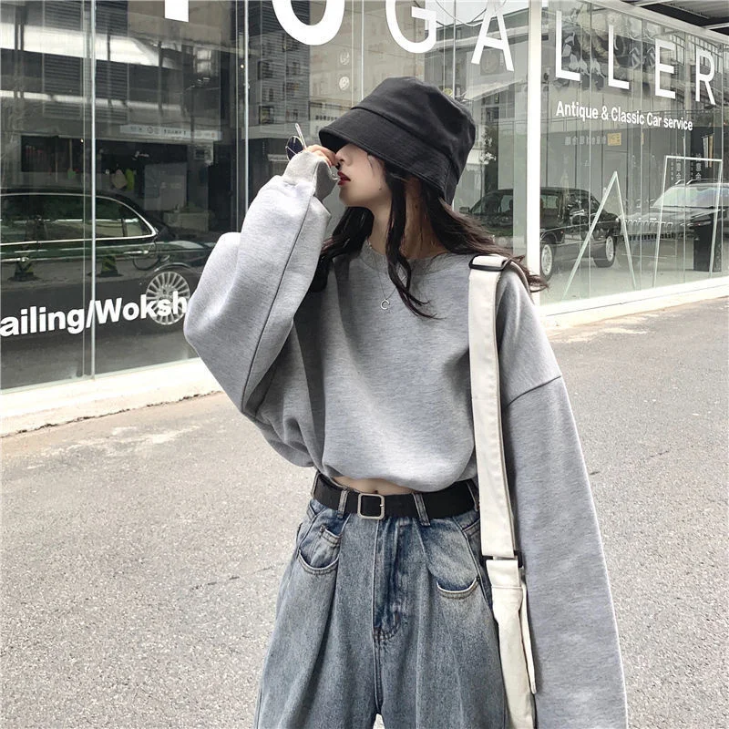 

Female Pullovers Printing O-Neck Long Sleeve Fashion Casual Loose Sweet Student Streetwear Velvet Thick Short Sweatshirts