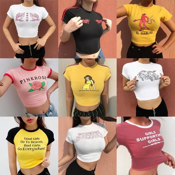 

2021 Summer INS Round Neck Printed Skinny Short T-shirt Letter Mini T-shirt